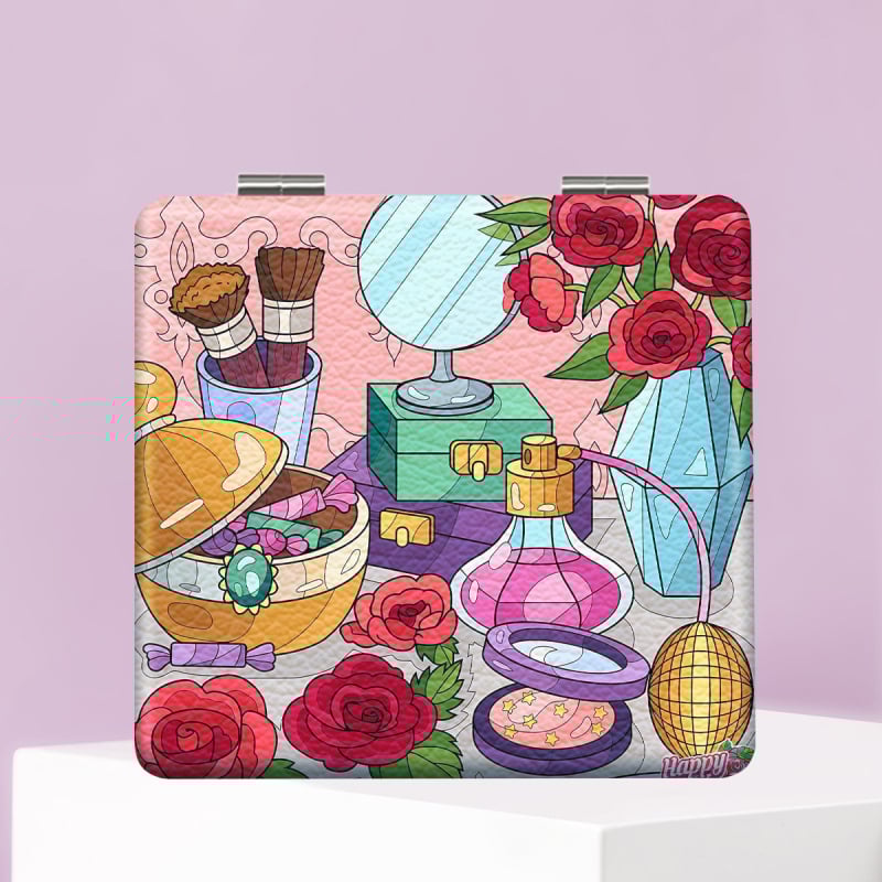 Oglindă de machiaj pliabilă, portabilă, cu design HD desen animat, ramă PU/PS/PVC, lentilă PC sticlă, imprimare logo și personalizare disponibile