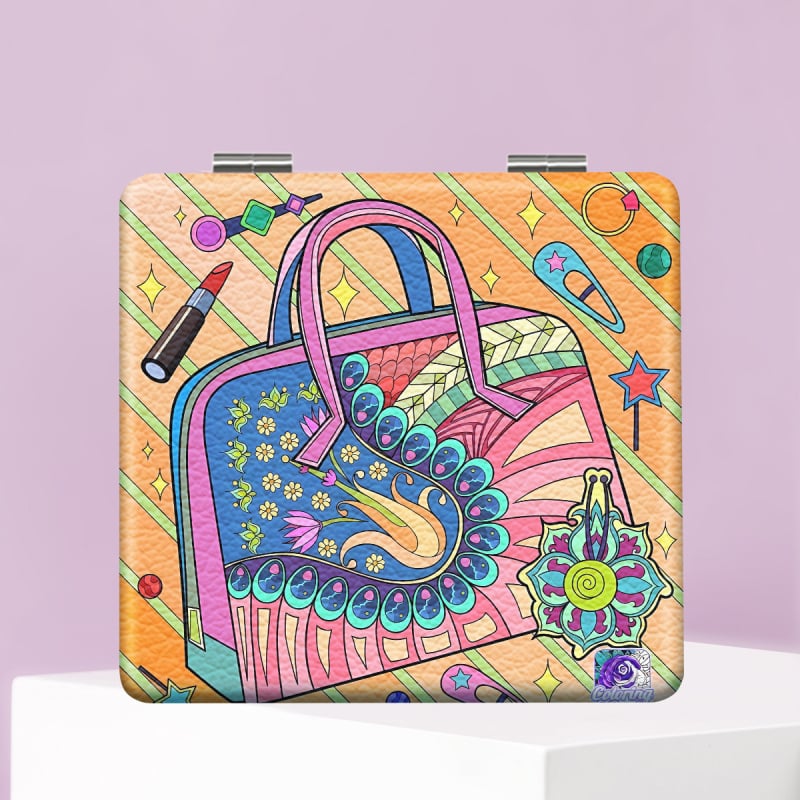 Oglindă de machiaj pliabilă, portabilă, cu design HD desen animat, ramă PU/PS/PVC, lentilă PC sticlă, imprimare logo și personalizare disponibile