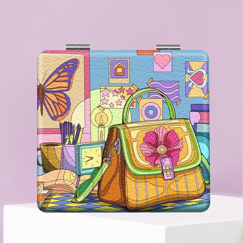 Oglindă de machiaj pliabilă, portabilă, cu design HD desen animat, ramă PU/PS/PVC, lentilă PC sticlă, imprimare logo și personalizare disponibile