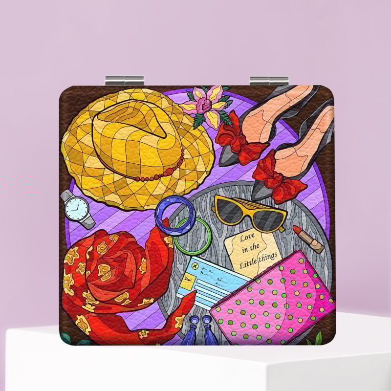 Oglindă de machiaj pliabilă, portabilă, cu design HD desen animat, ramă PU/PS/PVC, lentilă PC sticlă, imprimare logo și personalizare disponibile