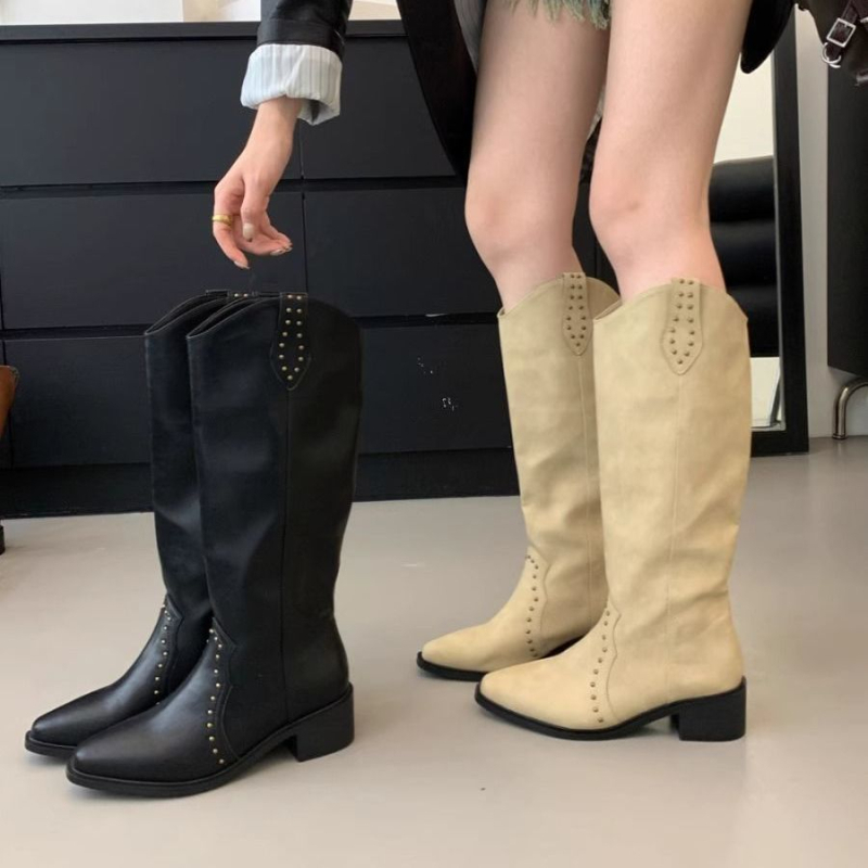 Moteriški vesterno stiliaus batai, aukštas shaftas, apvali nosis, slip-on, Ultra-Fine Fiber viršus, gumos padas