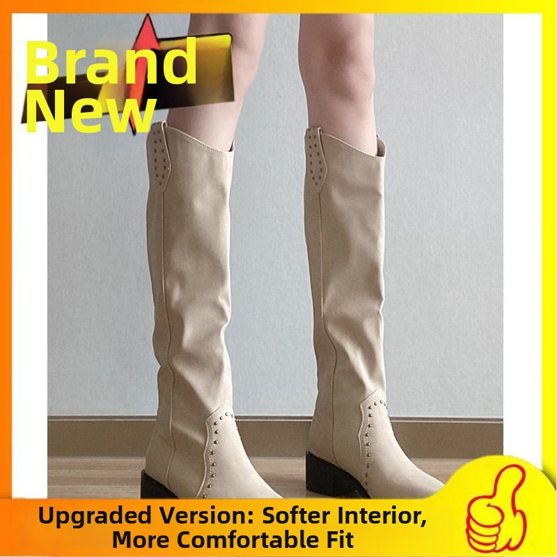 Moteriški vesterno stiliaus batai, aukštas shaftas, apvali nosis, slip-on, Ultra-Fine Fiber viršus, gumos padas