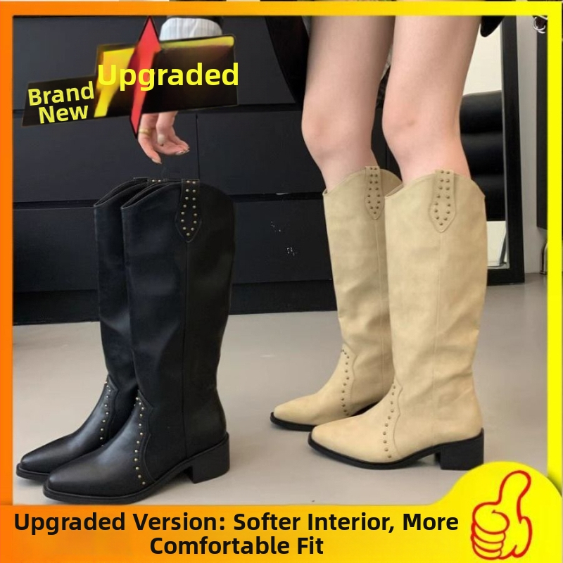 Moteriški vesterno stiliaus batai, aukštas shaftas, apvali nosis, slip-on, Ultra-Fine Fiber viršus, gumos padas