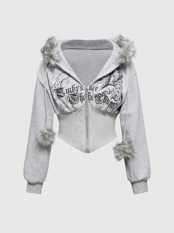 Sieviešu kapucēta jaka ar rāvējslēdzēju priekšā, rhinestone uzraksts ar burtiem, brīvs piegriezums, poliestera audums, garums 50–65 cm, 2025. gada rudens.