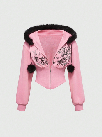 Sieviešu kapucēta jaka ar rāvējslēdzēju priekšā, rhinestone uzraksts ar burtiem, brīvs piegriezums, poliestera audums, garums 50–65 cm, 2025. gada rudens.