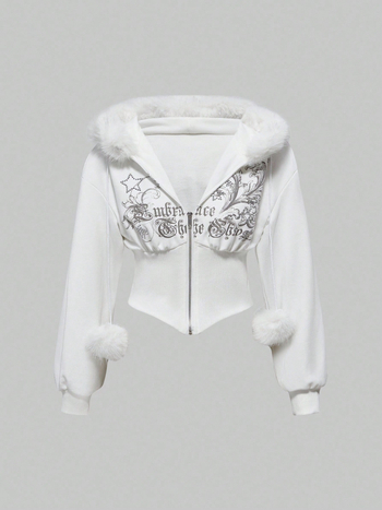 Sieviešu kapucēta jaka ar rāvējslēdzēju priekšā, rhinestone uzraksts ar burtiem, brīvs piegriezums, poliestera audums, garums 50–65 cm, 2025. gada rudens.