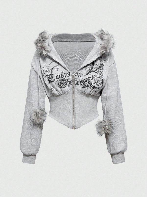 Sieviešu kapucēta jaka ar rāvējslēdzēju priekšā, rhinestone uzraksts ar burtiem, brīvs piegriezums, poliestera audums, garums 50–65 cm, 2025. gada rudens.