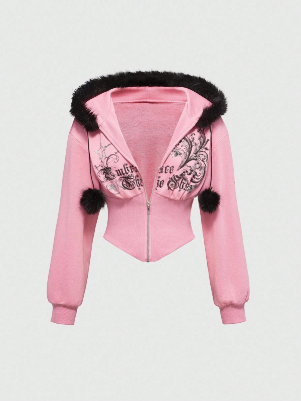 Sieviešu kapucēta jaka ar rāvējslēdzēju priekšā, rhinestone uzraksts ar burtiem, brīvs piegriezums, poliestera audums, garums 50–65 cm, 2025. gada rudens.