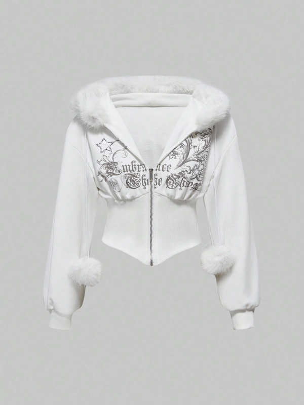 Sieviešu kapucēta jaka ar rāvējslēdzēju priekšā, rhinestone uzraksts ar burtiem, brīvs piegriezums, poliestera audums, garums 50–65 cm, 2025. gada rudens.