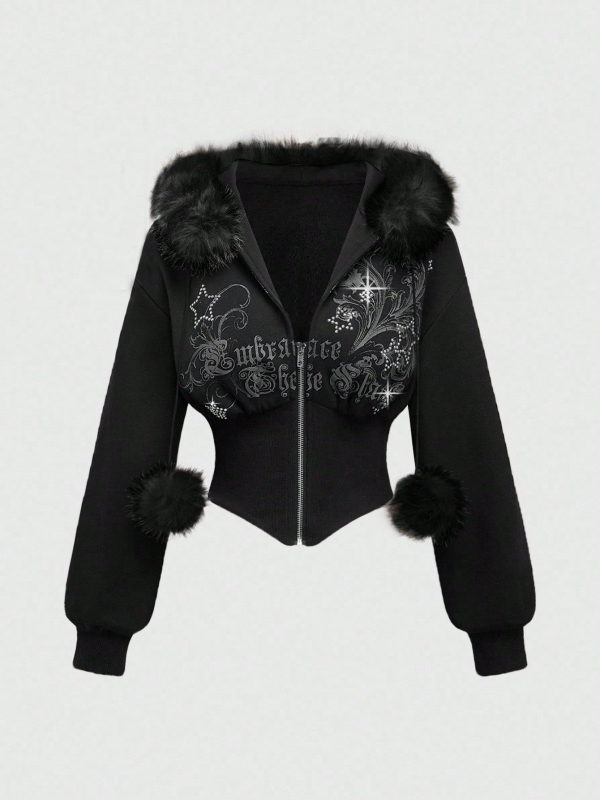 Sieviešu kapucēta jaka ar rāvējslēdzēju priekšā, rhinestone uzraksts ar burtiem, brīvs piegriezums, poliestera audums, garums 50–65 cm, 2025. gada rudens.