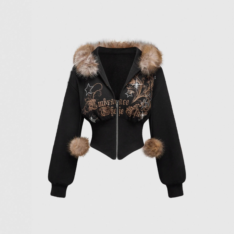 Sieviešu kapucēta jaka ar rāvējslēdzēju priekšā, rhinestone uzraksts ar burtiem, brīvs piegriezums, poliestera audums, garums 50–65 cm, 2025. gada rudens.