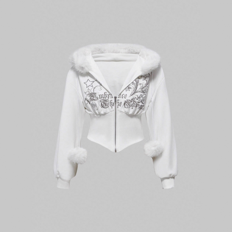 Sieviešu kapucēta jaka ar rāvējslēdzēju priekšā, rhinestone uzraksts ar burtiem, brīvs piegriezums, poliestera audums, garums 50–65 cm, 2025. gada rudens.