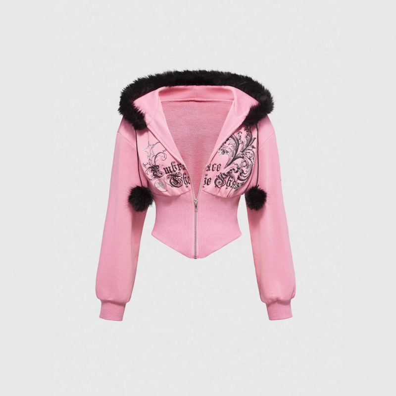 Sieviešu kapucēta jaka ar rāvējslēdzēju priekšā, rhinestone uzraksts ar burtiem, brīvs piegriezums, poliestera audums, garums 50–65 cm, 2025. gada rudens.