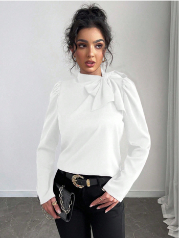 Krekliņa ar garām piedurknēm, šalles apkakle, brīvs siluets, poliestera-spandeksa maisījums, vienkāršs raksts