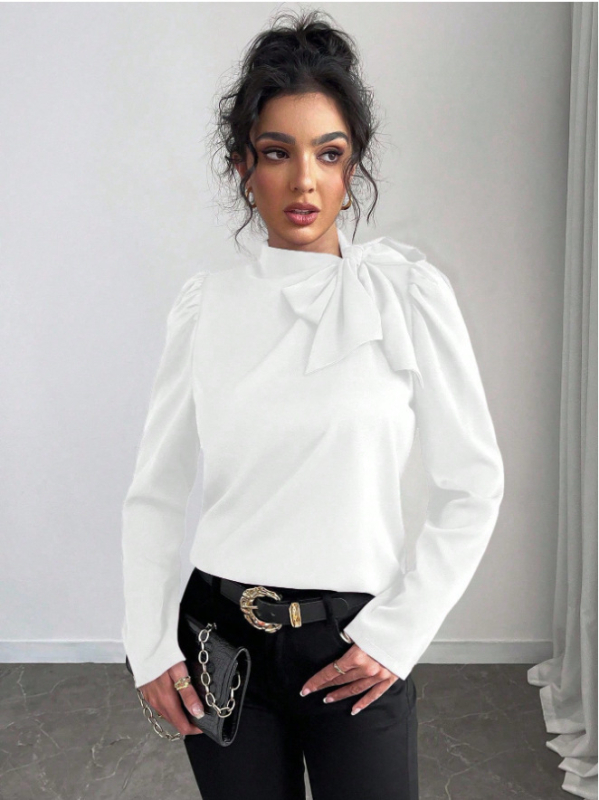 Krekliņa ar garām piedurknēm, šalles apkakle, brīvs siluets, poliestera-spandeksa maisījums, vienkāršs raksts