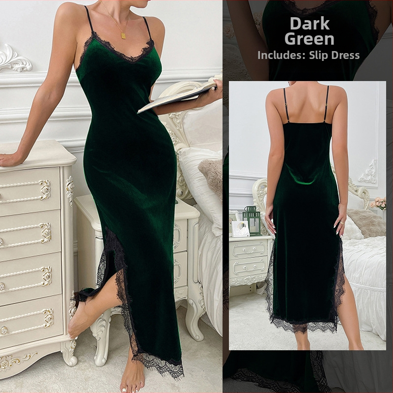 Bársonos hálóing ujjatlan, sling-stílusú pántokkal, hosszú fazon, poliészter