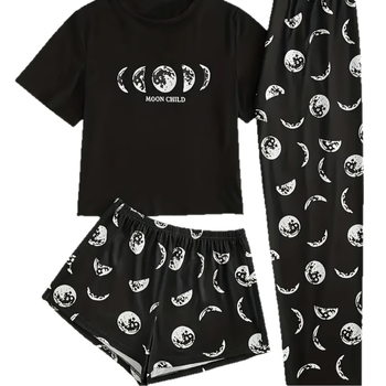 Milk Silk trijų dalių pižamos komplektas, Europos ir Amerikos stilius, apvalus kaklo iškirpimas, 3/4 rankovės