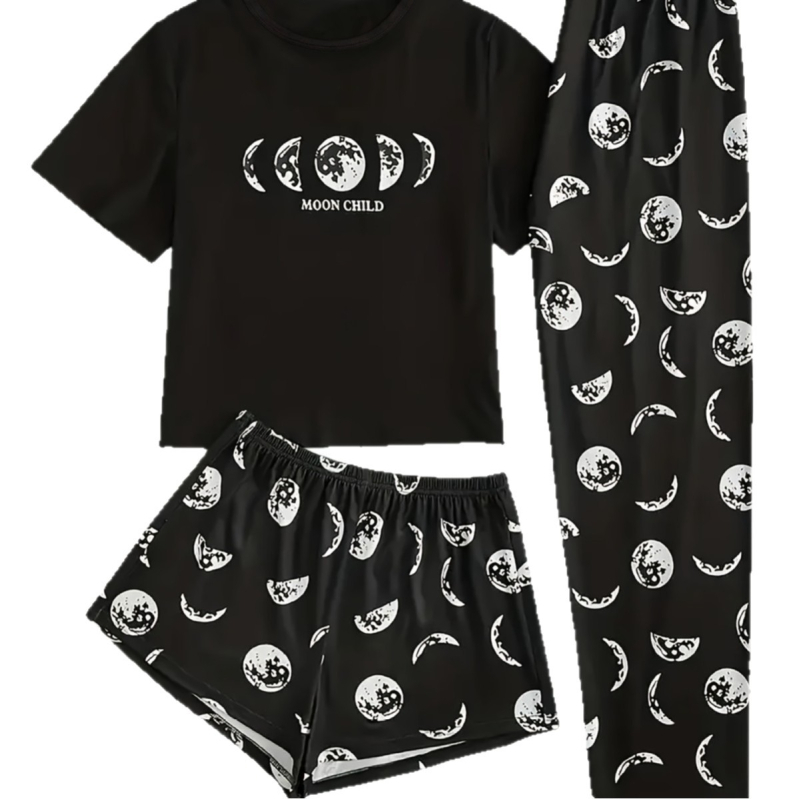 Milk Silk trijų dalių pižamos komplektas, Europos ir Amerikos stilius, apvalus kaklo iškirpimas, 3/4 rankovės