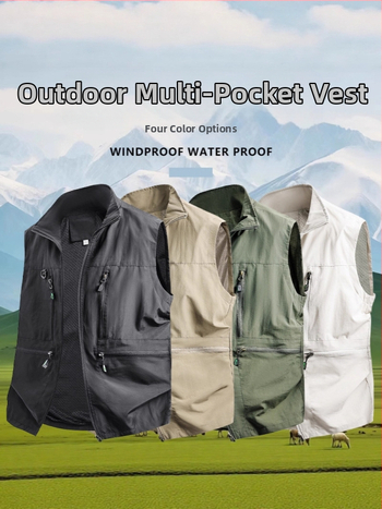 Vīriešu darba veste ar daudzām kabatām - brīvs piegriezums, stāvā apkakle, rāvējslēdzēja aizdare, elpojošs poliestera materiāls, vienkrāsaina, pavasara–rudens sezona