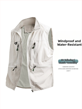 Vīriešu darba veste ar daudzām kabatām - brīvs piegriezums, stāvā apkakle, rāvējslēdzēja aizdare, elpojošs poliestera materiāls, vienkrāsaina, pavasara–rudens sezona