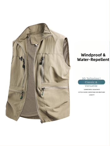 Vīriešu darba veste ar daudzām kabatām - brīvs piegriezums, stāvā apkakle, rāvējslēdzēja aizdare, elpojošs poliestera materiāls, vienkrāsaina, pavasara–rudens sezona