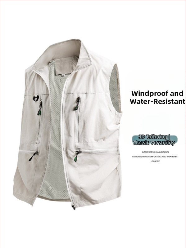 Мъжки работен жилет с множество джобове – свободна кройка, стойкова яка, закопчаване с цип, дишащ полиестер плат, за пролет и есен