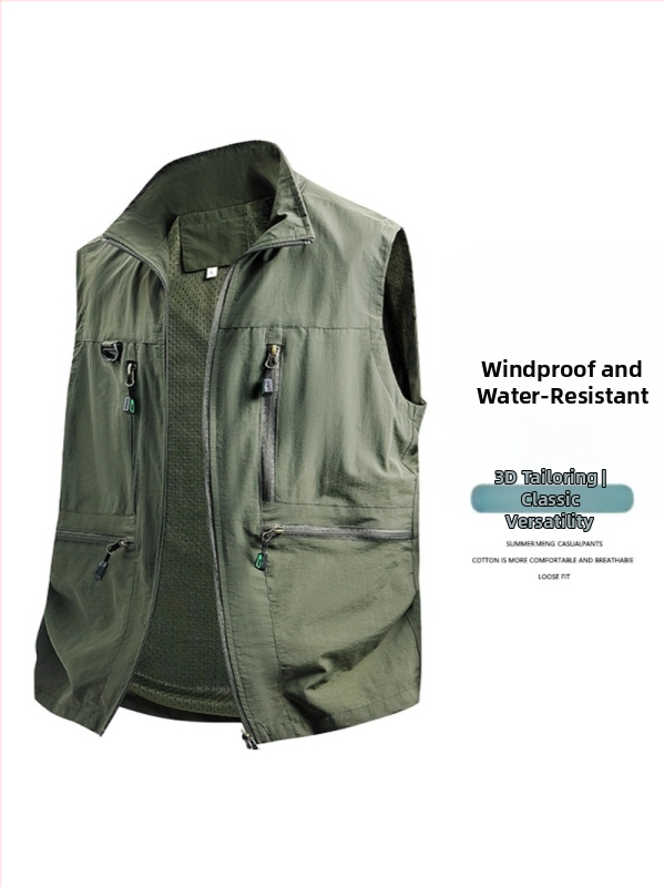 Мъжки работен жилет с множество джобове – свободна кройка, стойкова яка, закопчаване с цип, дишащ полиестер плат, за пролет и есен