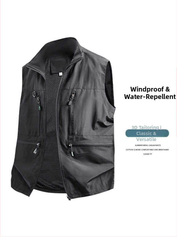 Мъжки работен жилет с множество джобове – свободна кройка, стойкова яка, закопчаване с цип, дишащ полиестер плат, за пролет и есен