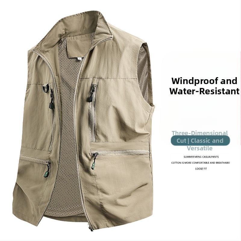 Vīriešu darba veste ar daudzām kabatām - brīvs piegriezums, stāvā apkakle, rāvējslēdzēja aizdare, elpojošs poliestera materiāls, vienkrāsaina, pavasara–rudens sezona