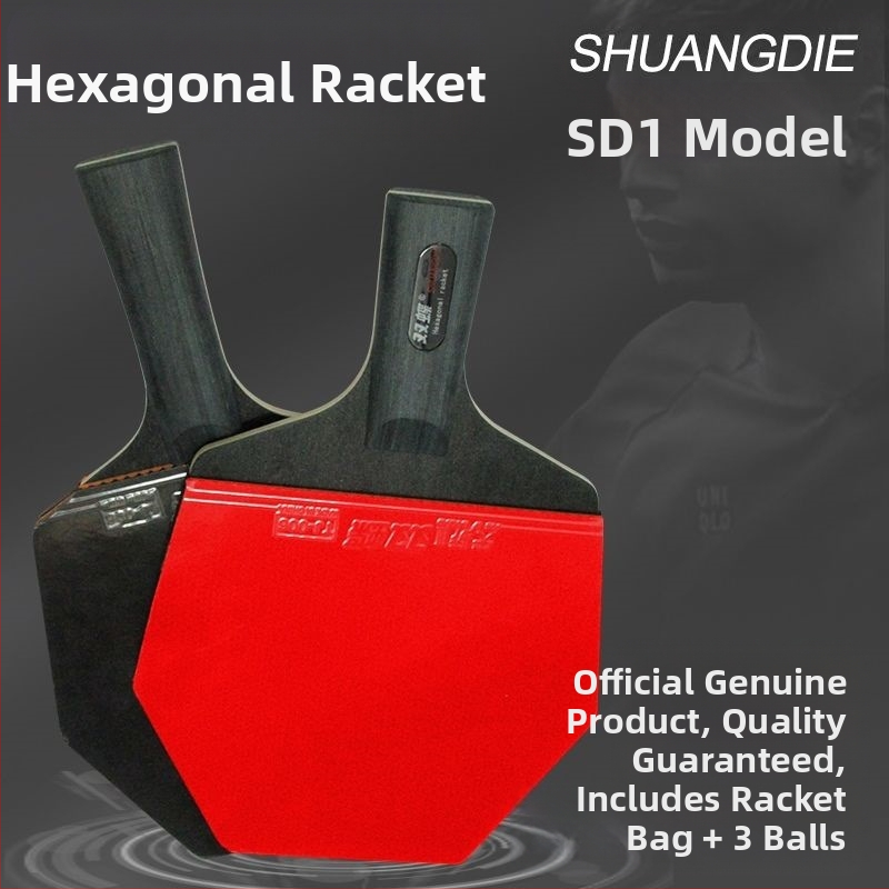 Galda tenisa nūja – oglekļa šķiedras pamatplate, sešstūriska forma, divpusēja pretlipīga gumija, rokturis: shakehand