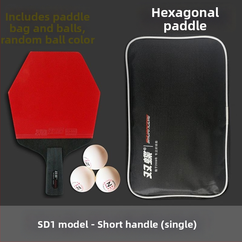 Galda tenisa nūja – oglekļa šķiedras pamatplate, sešstūriska forma, divpusēja pretlipīga gumija, rokturis: shakehand