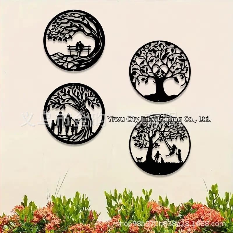 Štvordielna kovová silueta Strom života – moderná minimalistická geometrická dekorácia na stenu pre domov, obývačku, spálňu