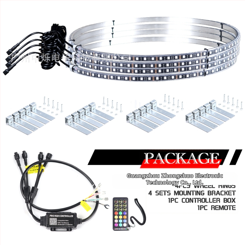 RGB svetlo na disk kolies ZS-WR1, hliník, 12V DC, 36W, diaľkové ovládanie a ovládanie cez app, kompatibilné s malými autami, mini autami, CDV, MPV, SUV
