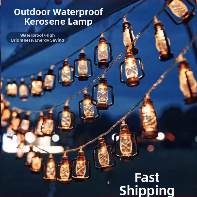 LED kerosino butelių šviesų grandinė kempingui – maitinimas baterija ir USB, įtampa ≤36V, mygtuko valdymas, IP54, modelis: Kerosene light string