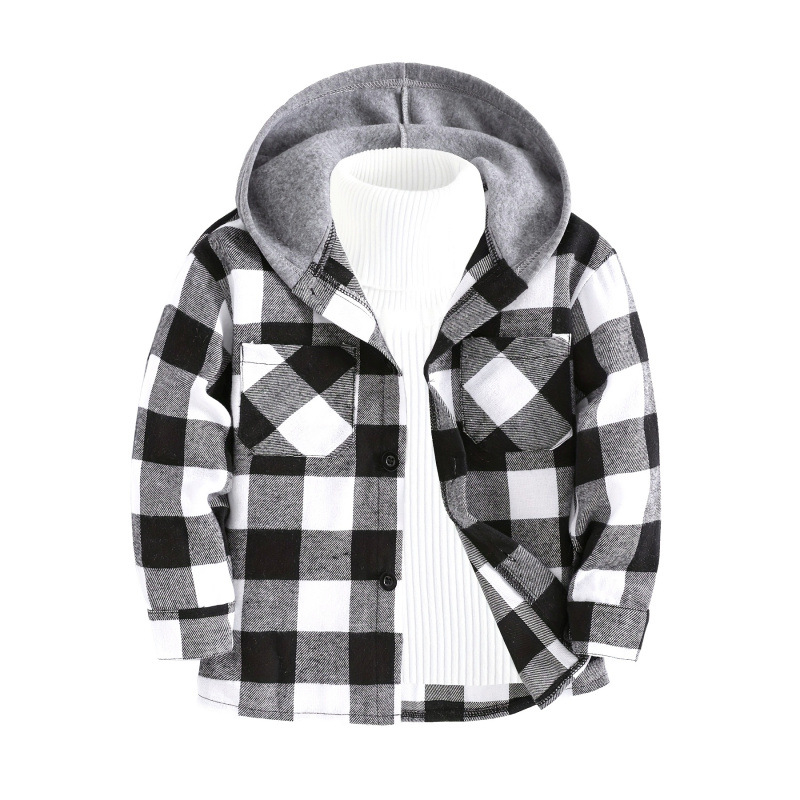 Bērnu rūtains kapucētais krekls ar garām piedurknēm, pogu aizdare, Lyocell audums, vecuma grupa 1–3 gadi