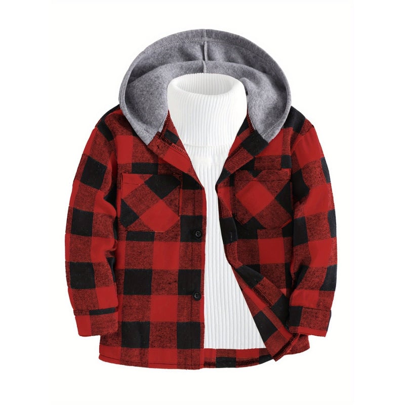 Bērnu rūtains kapucētais krekls ar garām piedurknēm, pogu aizdare, Lyocell audums, vecuma grupa 1–3 gadi