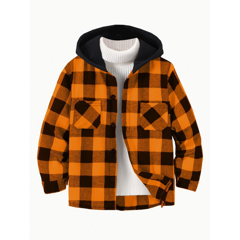 Bērnu rūtains kapucētais krekls ar garām piedurknēm, pogu aizdare, Lyocell audums, vecuma grupa 1–3 gadi