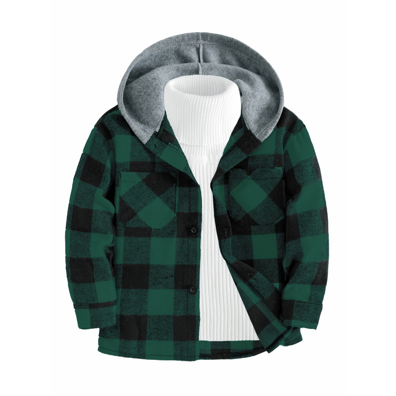 Bērnu rūtains kapucētais krekls ar garām piedurknēm, pogu aizdare, Lyocell audums, vecuma grupa 1–3 gadi