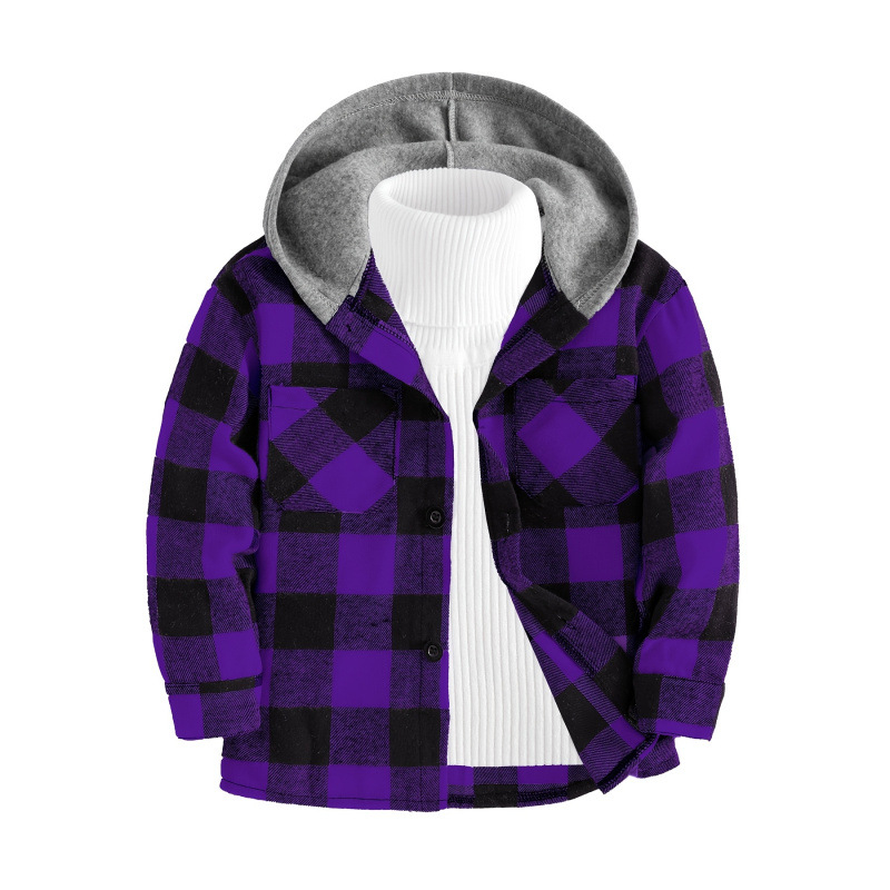 Bērnu rūtains kapucētais krekls ar garām piedurknēm, pogu aizdare, Lyocell audums, vecuma grupa 1–3 gadi