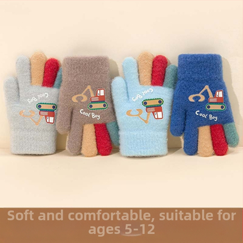 Adīti bērnu pirkstu cimdi – karikatūrais ekskavators, silts, druka, vecums 5–12 gadi