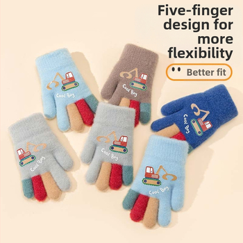 Adīti bērnu pirkstu cimdi – karikatūrais ekskavators, silts, druka, vecums 5–12 gadi