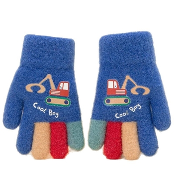 Adīti bērnu pirkstu cimdi – karikatūrais ekskavators, silts, druka, vecums 5–12 gadi