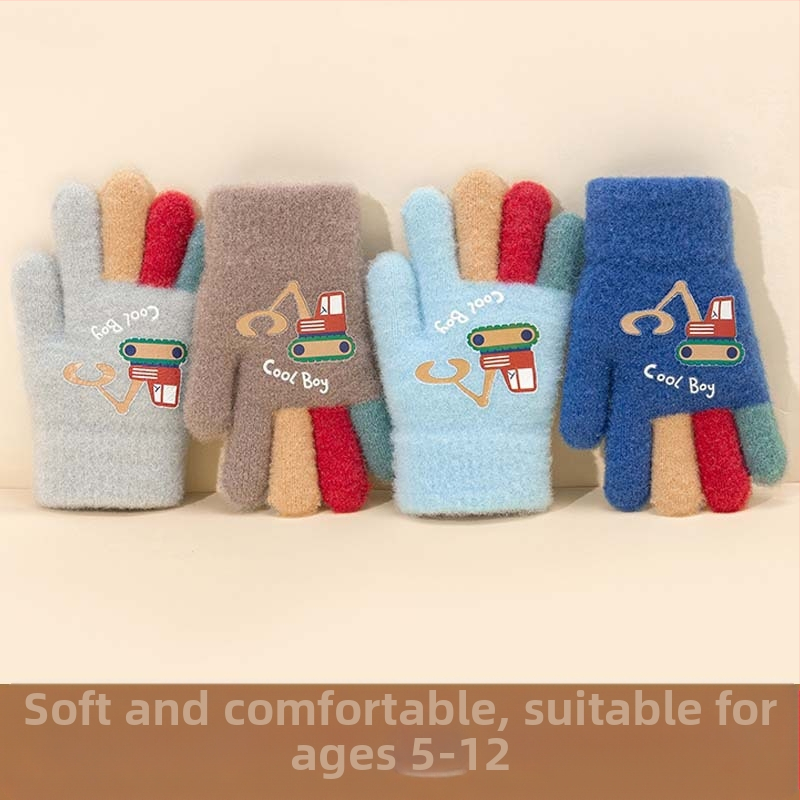 Adīti bērnu pirkstu cimdi – karikatūrais ekskavators, silts, druka, vecums 5–12 gadi