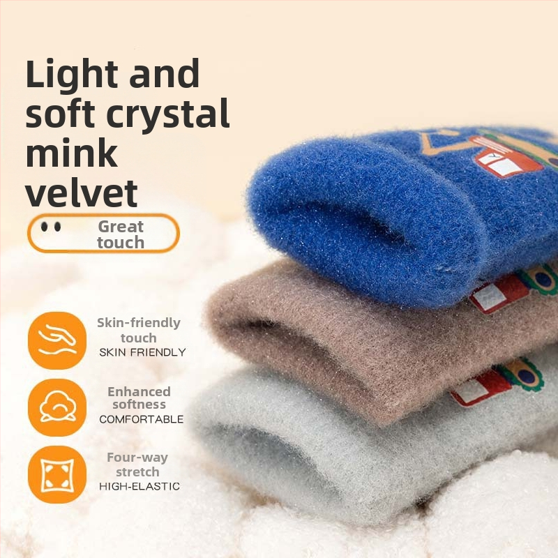 Плетени детски ръкавици с карикатурен багер – топла защита, печат, за деца 5–12 г