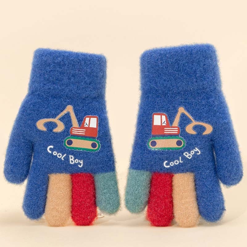 Adīti bērnu pirkstu cimdi – karikatūrais ekskavators, silts, druka, vecums 5–12 gadi