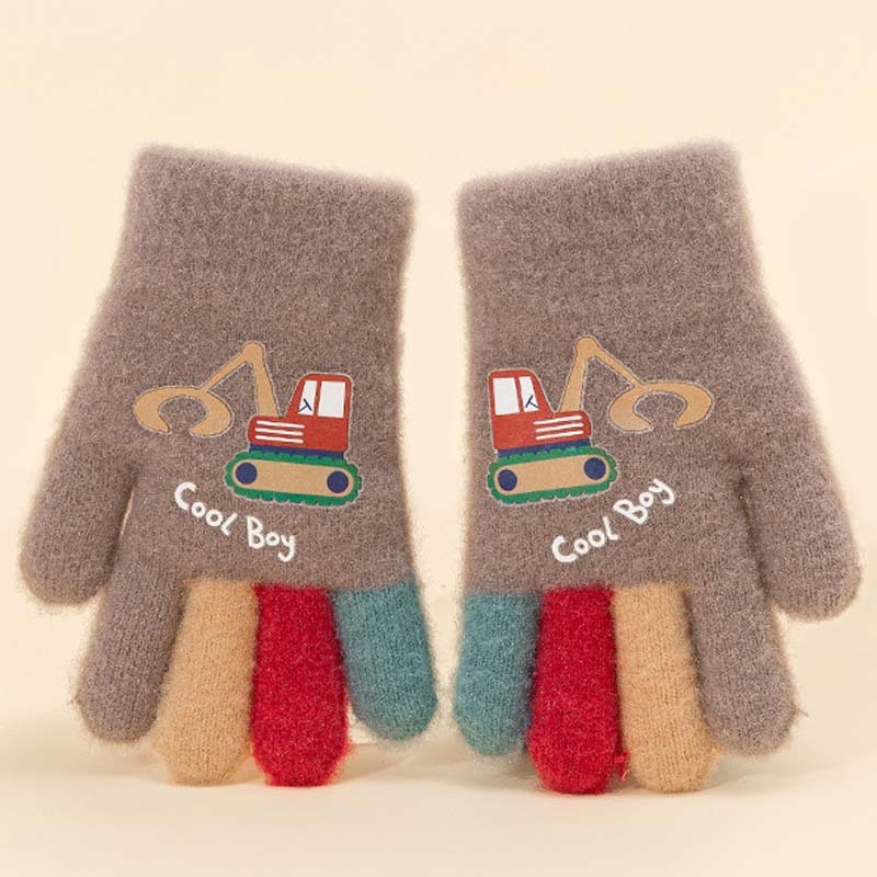 Adīti bērnu pirkstu cimdi – karikatūrais ekskavators, silts, druka, vecums 5–12 gadi