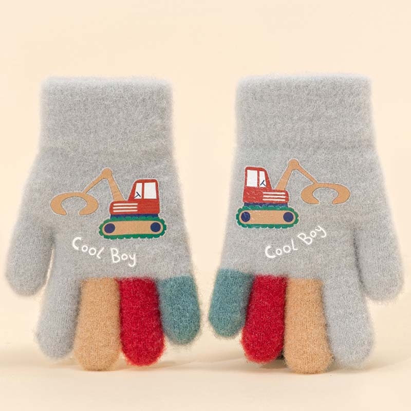 Adīti bērnu pirkstu cimdi – karikatūrais ekskavators, silts, druka, vecums 5–12 gadi