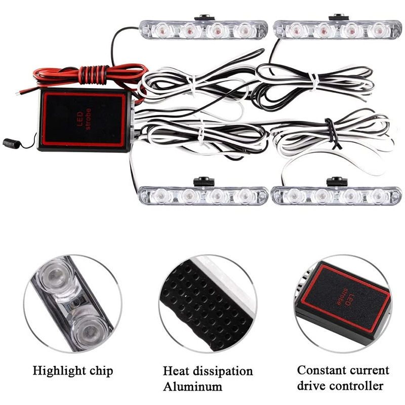 LED auto restes brīdinājuma gaisma ar bezvadu attālināto vadību – 12V, alumīnija sakausējums, četri LED moduļi