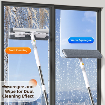 Plakanais mops mājas lietošanai ar ultrafīnām mikrošķiedras galvu, nerūsējošā tērauda kātu, rulīšu izspiešanas mehānismu, 4‑in‑1 logu, sienu, skapju un grīdas tīrīšana