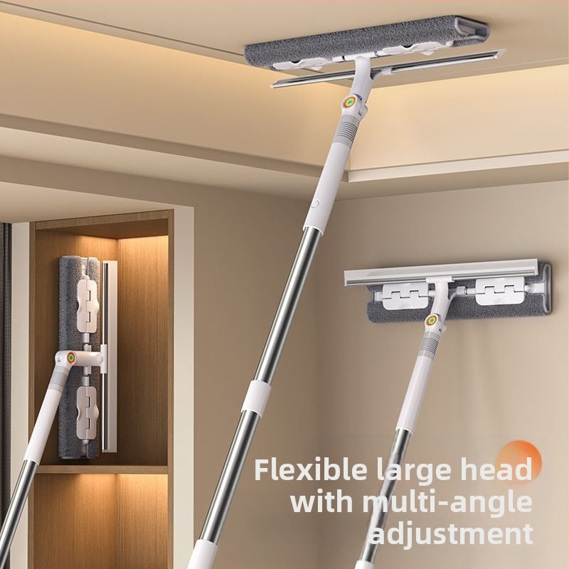 Plakanais mops mājas lietošanai ar ultrafīnām mikrošķiedras galvu, nerūsējošā tērauda kātu, rulīšu izspiešanas mehānismu, 4‑in‑1 logu, sienu, skapju un grīdas tīrīšana